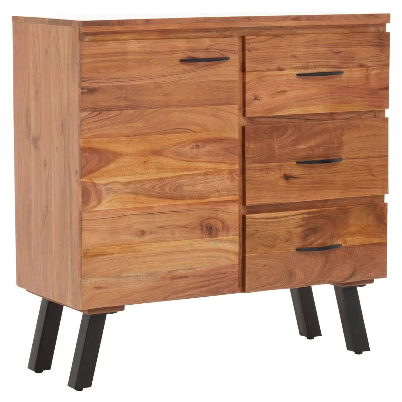 Acacia wood chest of drawers with black handles and angled legs