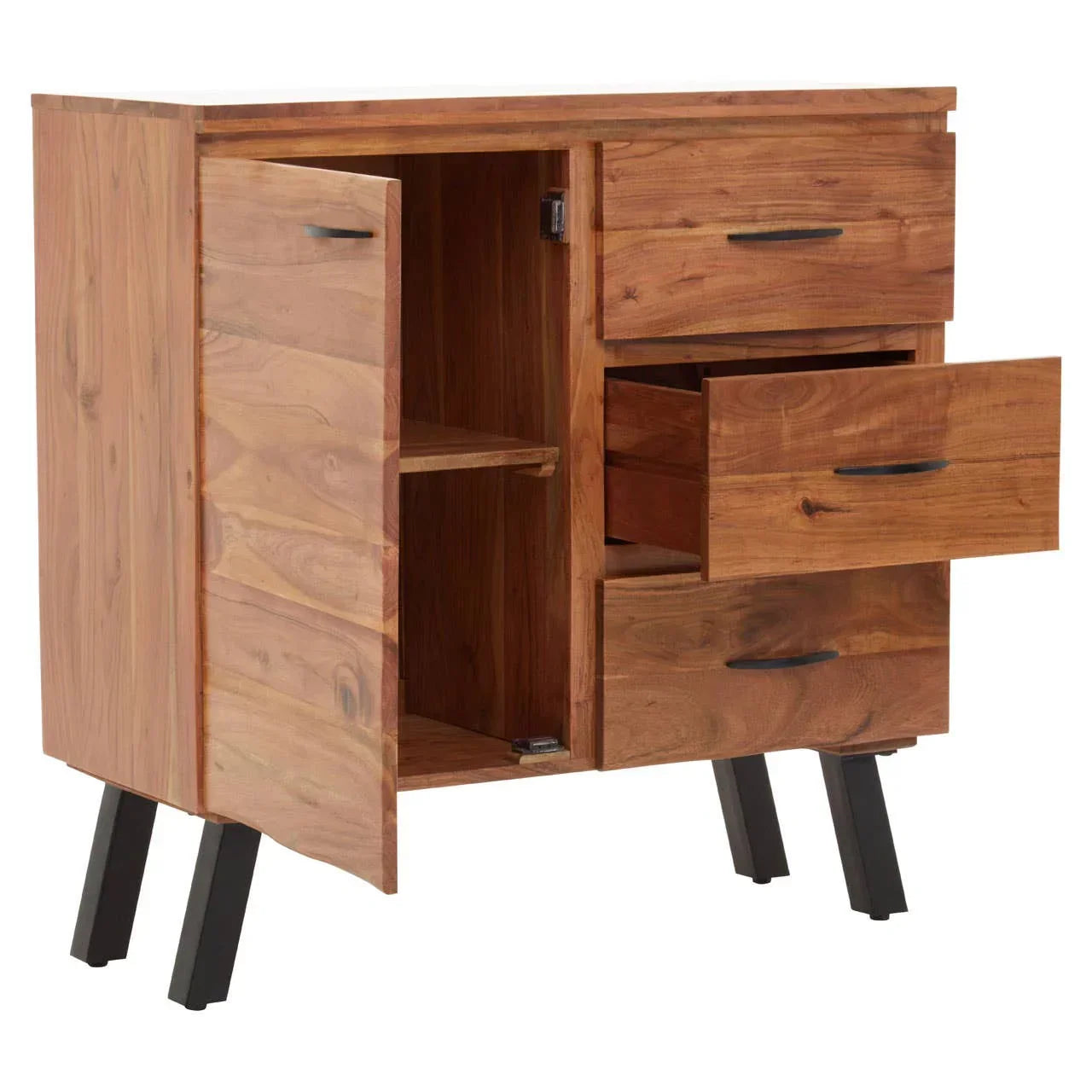 Acacia wood sideboard with black legs, two drawers open and one door ajar, modern finish
