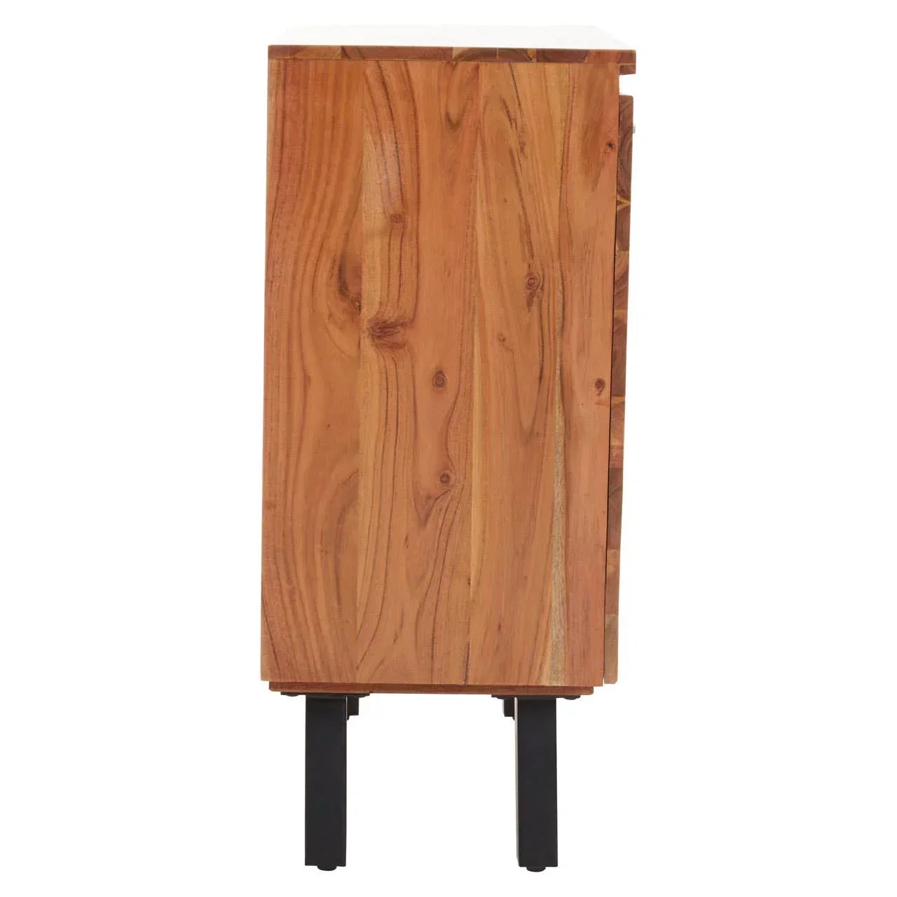 Side view of wooden cabinet with natural grain and black metal legs