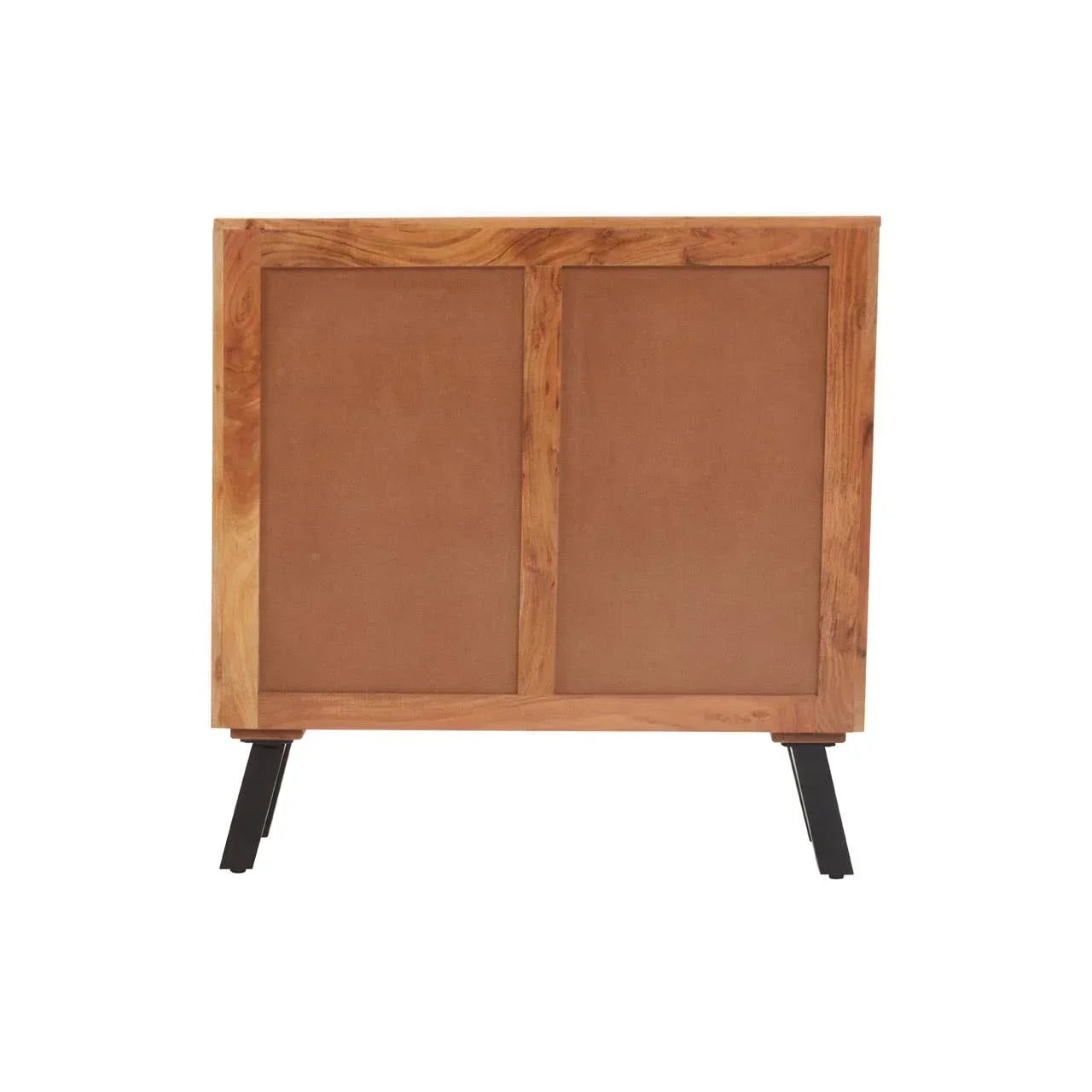 Rear view of wooden sideboard cabinet with black metal legs on white background