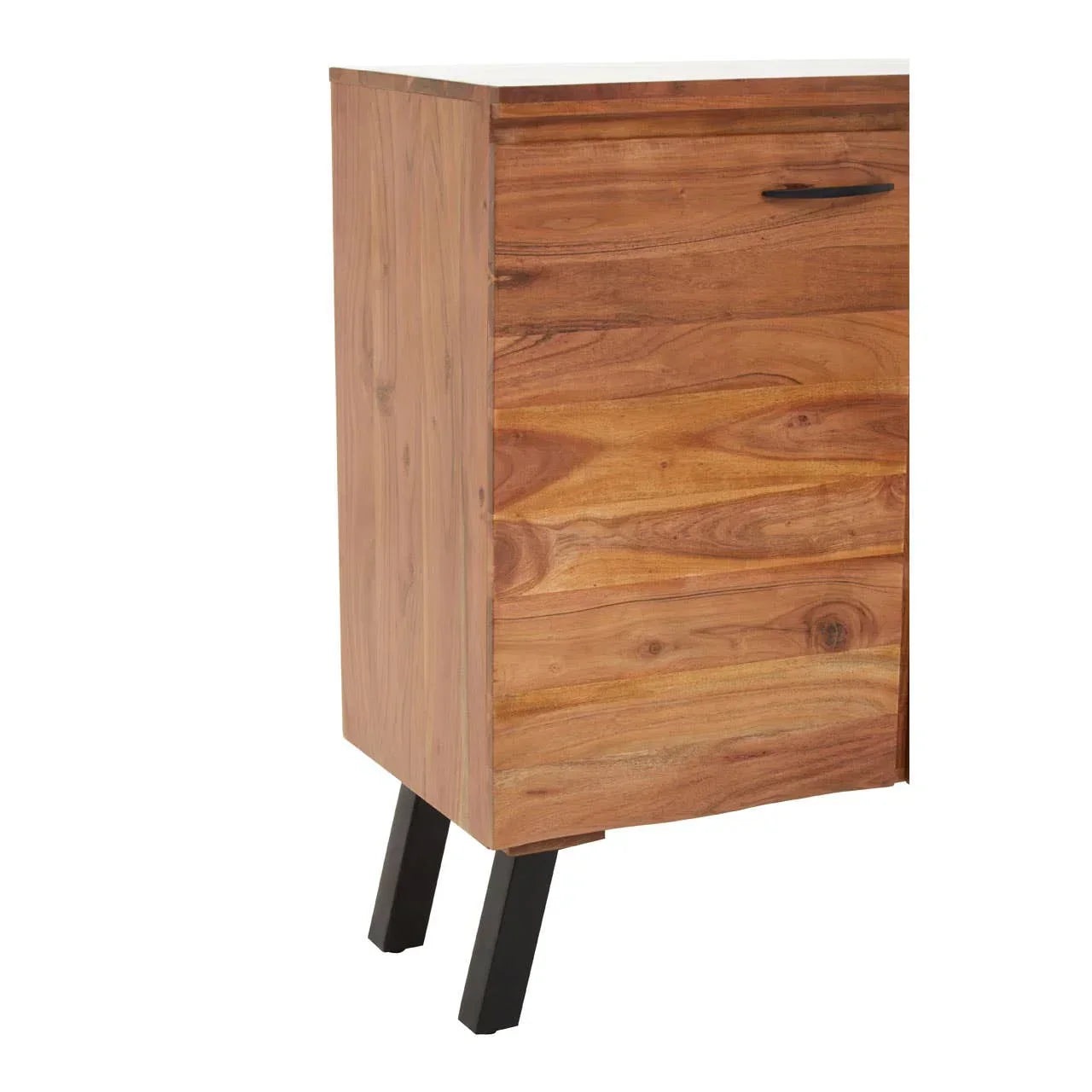 Single drawer wooden bedside cabinet with black metal legs, side angle view