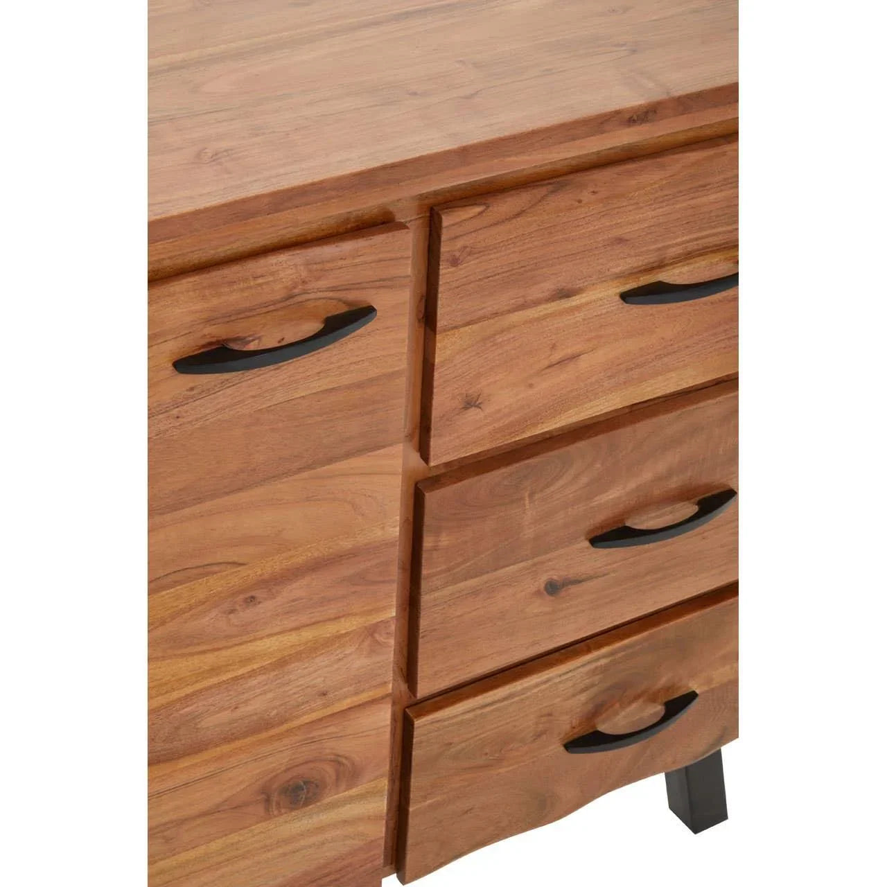 Acacia wood chest of drawers with black handles, close view of top and drawer fronts