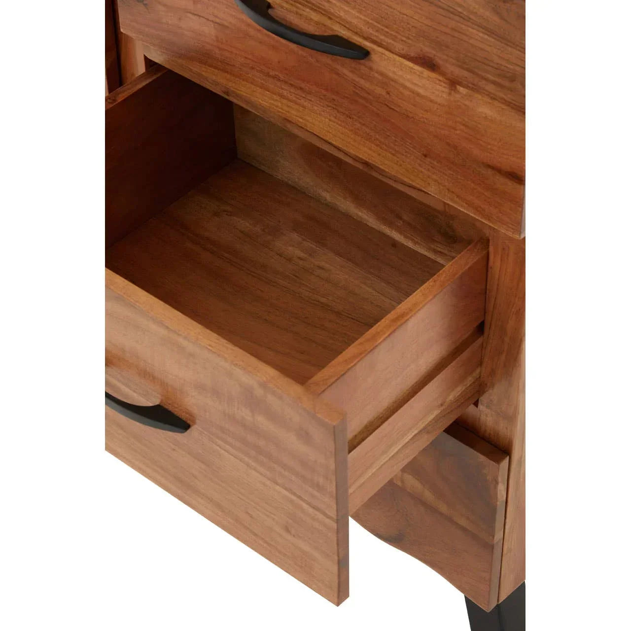 Wooden chest of drawers with open drawer and black handle detail