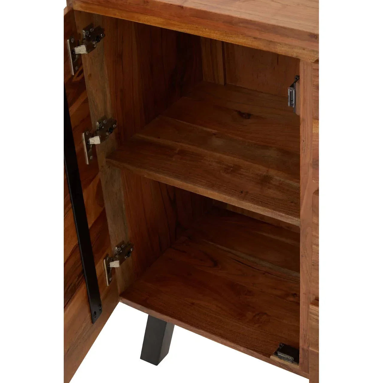 Wooden cabinet interior with open door, metal hinges, shelf and black metal legs