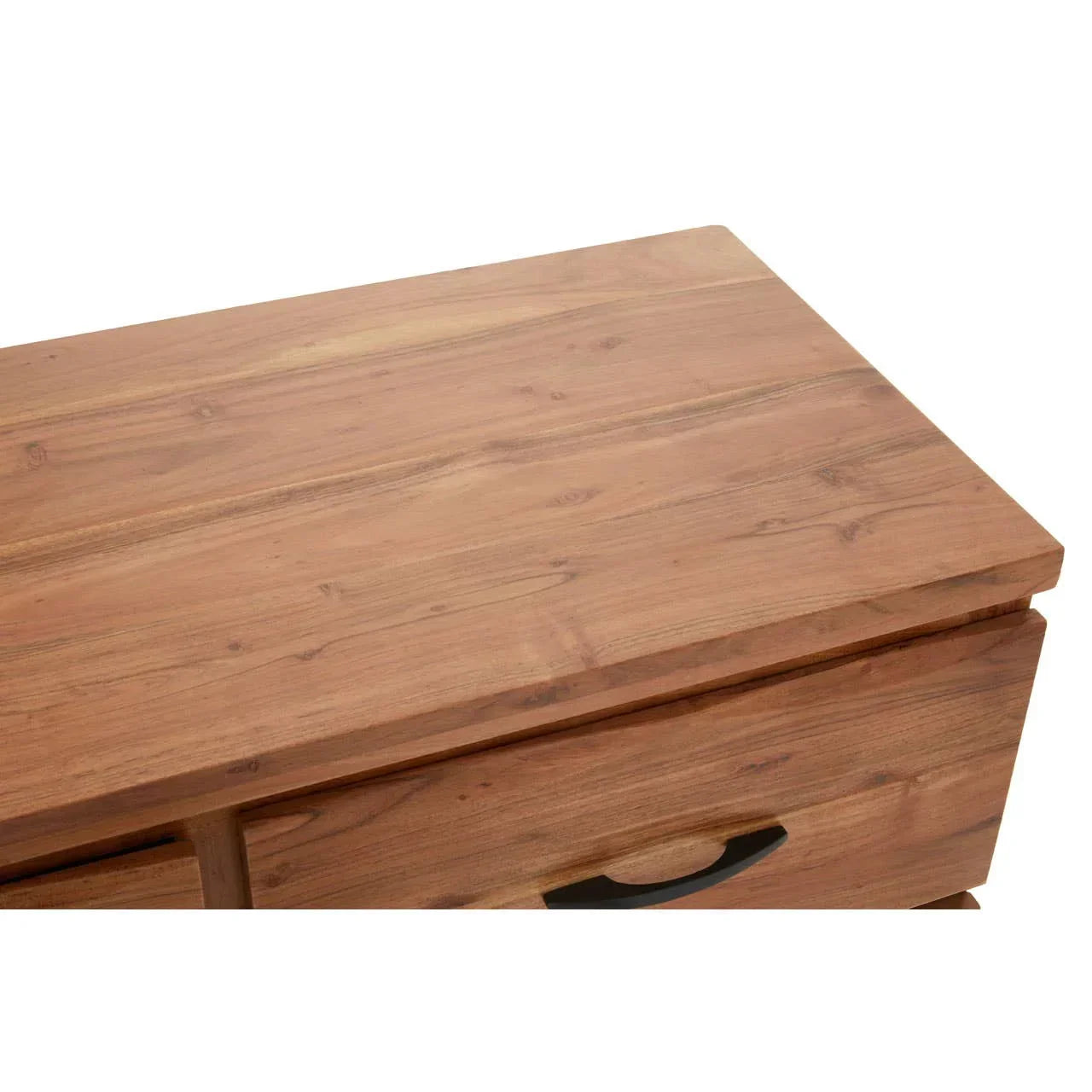 Close up of wooden chest of drawers top with natural grain and black handle detail