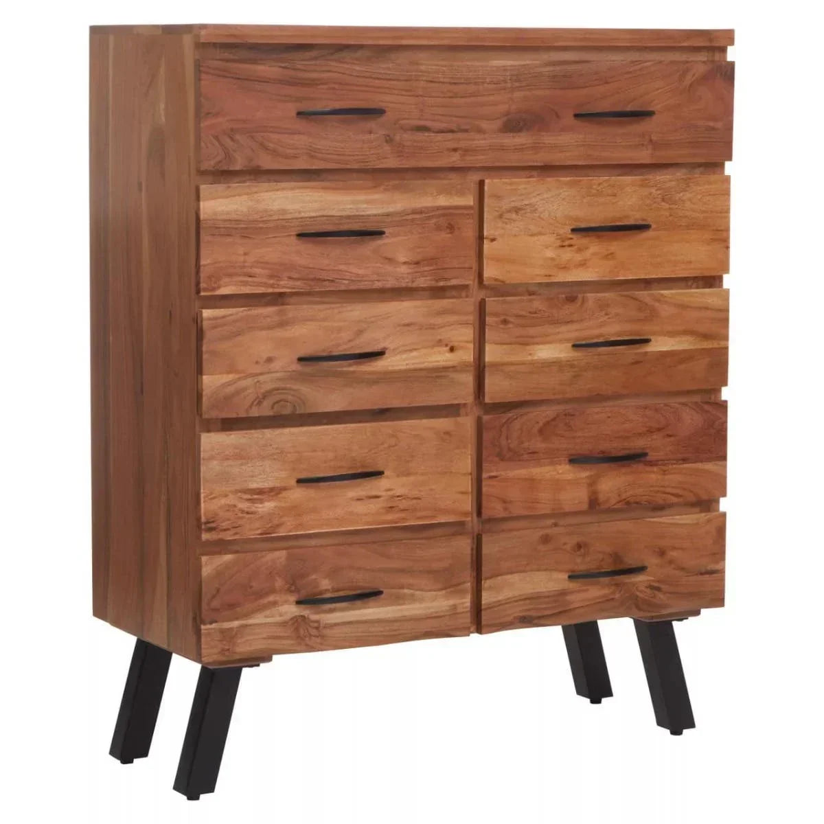 Solid wood chest of drawers with black metal handles and angled legs, natural finish