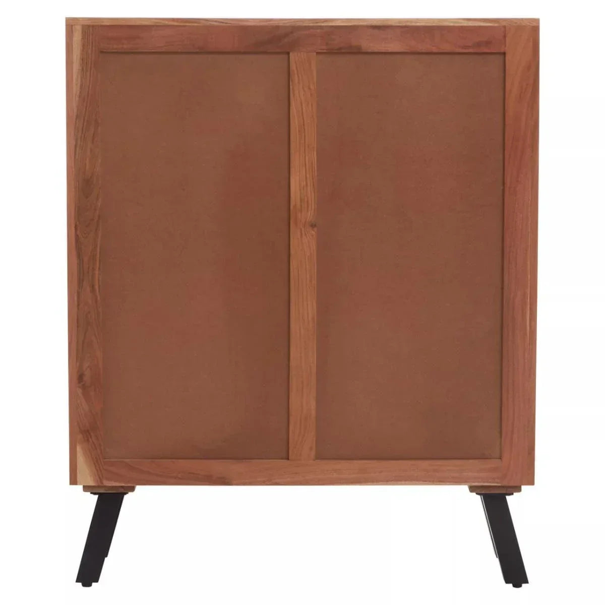 Back view of wooden sideboard with brown panel and black angled legs