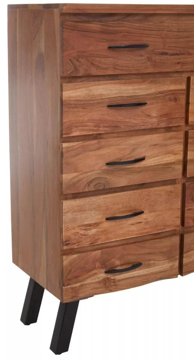 Wooden chest of drawers with black handles and angled black legs, side view
