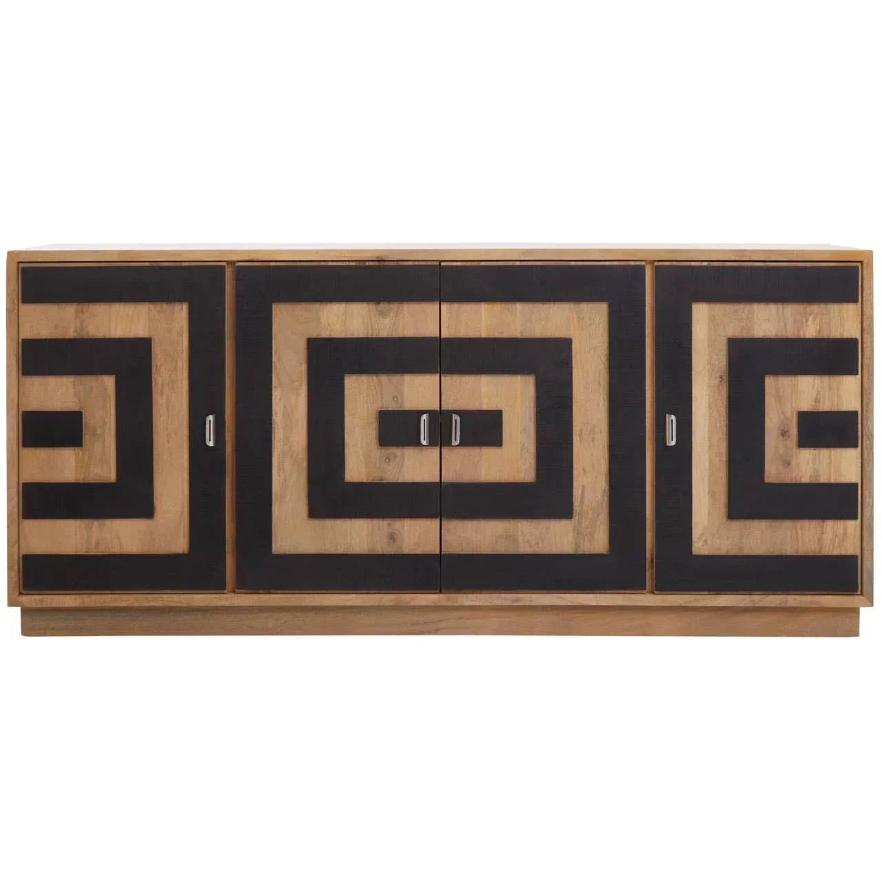 Geometric wood sideboard with black square pattern and four doors, modern furniture design