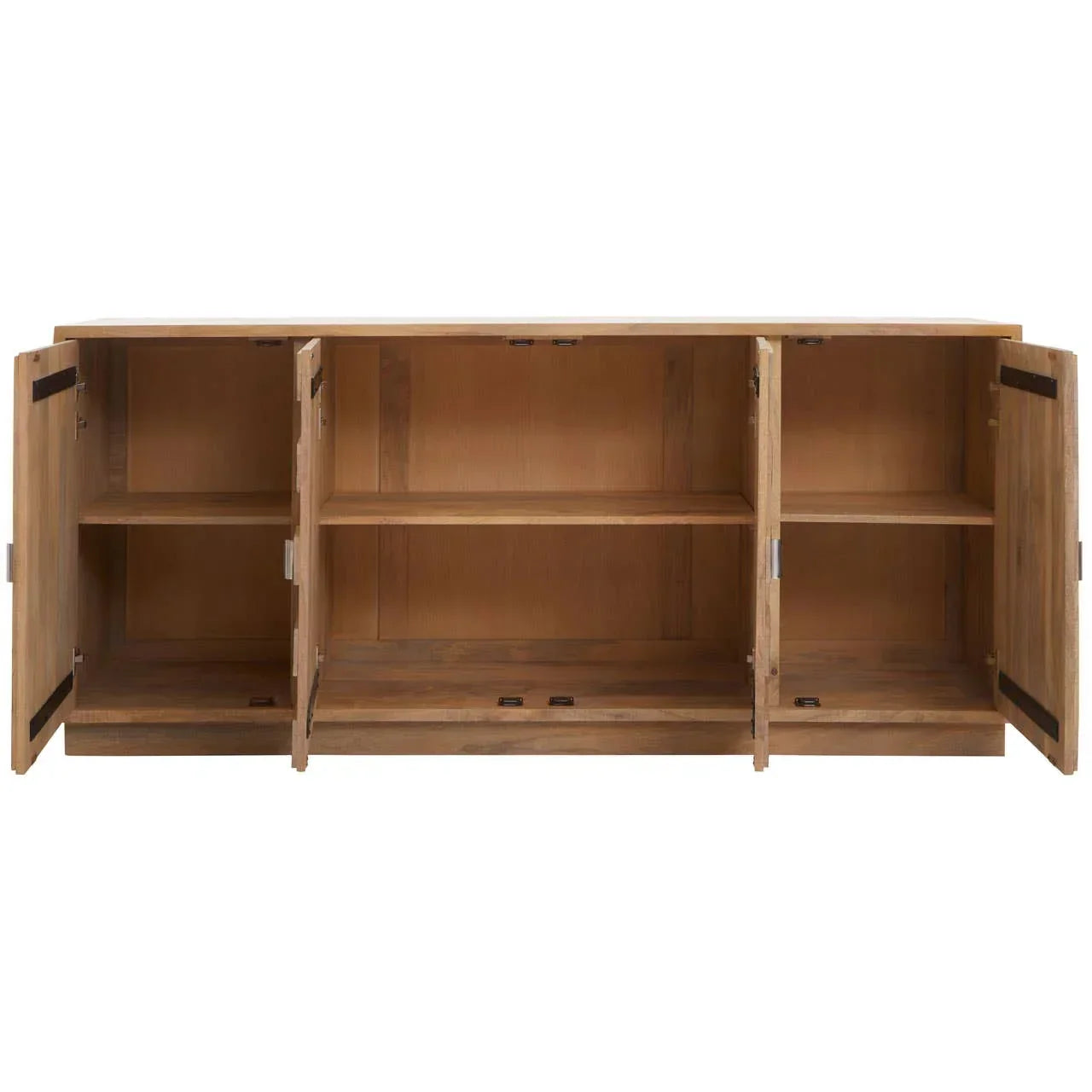 Wooden sideboard cabinet with three open doors and interior shelving, natural oak finish