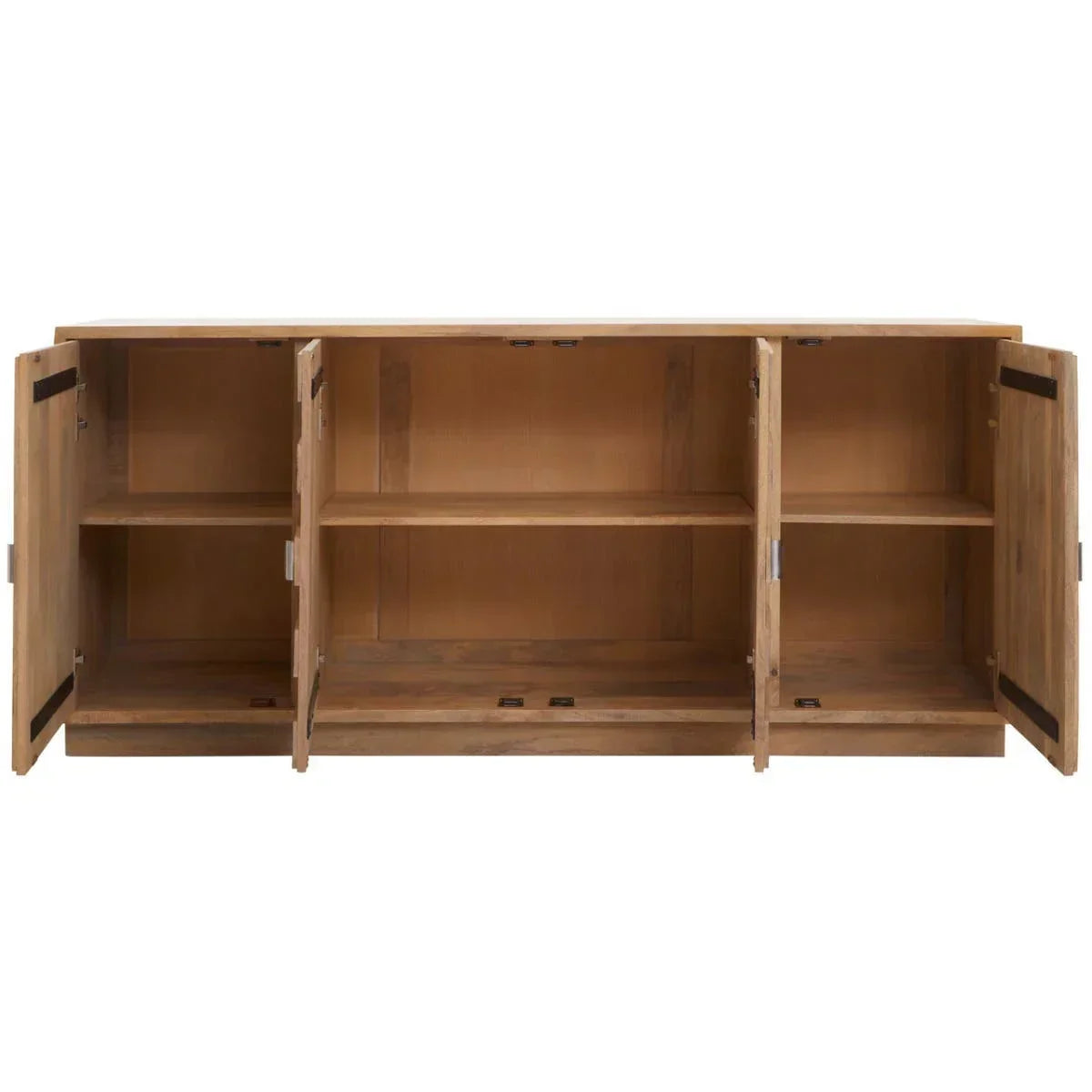 Wooden sideboard with open cabinet doors and internal storage shelves