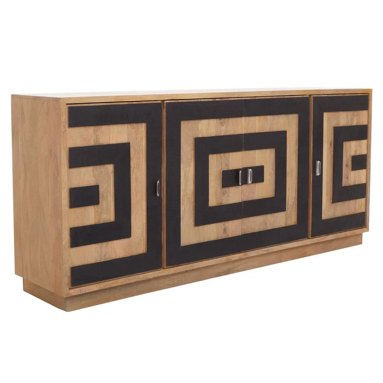 Natural wood sideboard with black geometric pattern and three cabinet doors