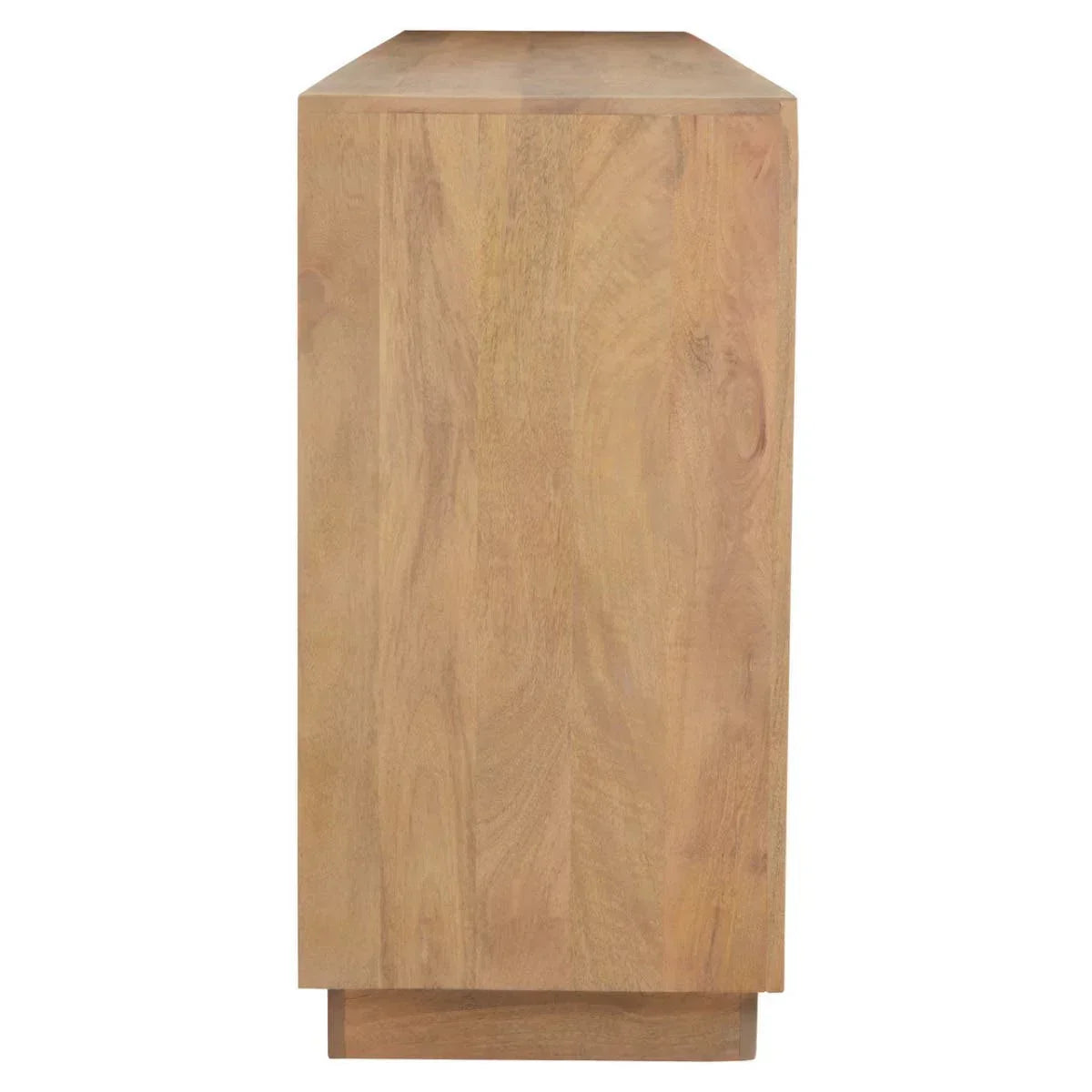 Side view of light wood sideboard with smooth panel and natural grain texture