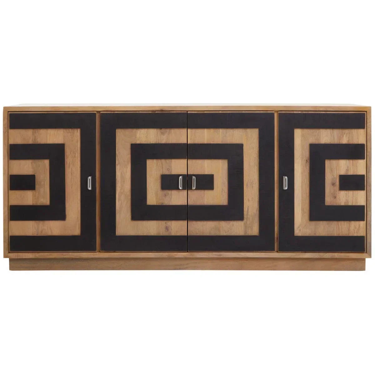 Sideboard cabinet with geometric black and natural wood doors, modern handles, front view