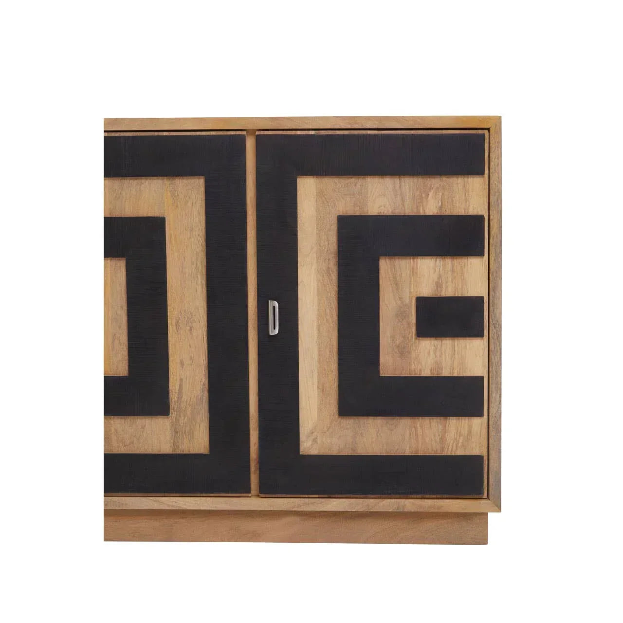 Wooden sideboard cabinet with geometric black inlay on natural finish doors