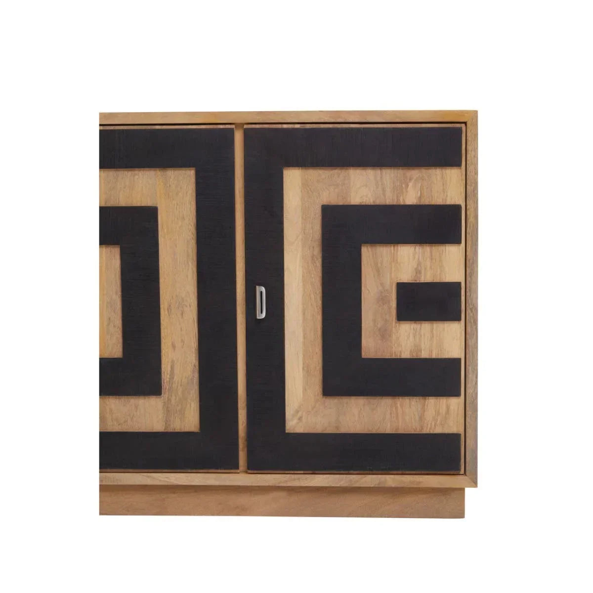 Modern wood sideboard with black geometric pattern on cabinet doors, close-up front view