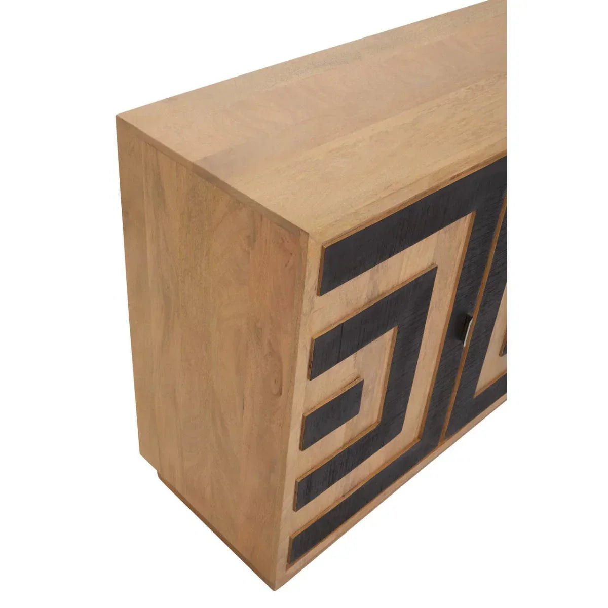 Mango wood sideboard with black geometric pattern on cabinet doors, angled detail view