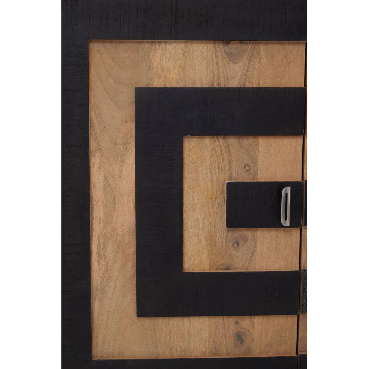 Wooden cabinet door with black geometric frame and metal handle