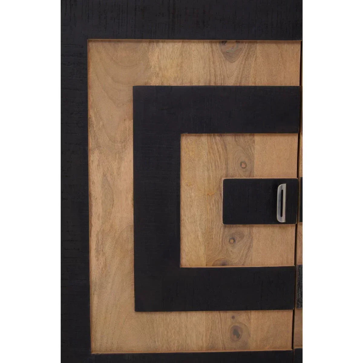 Geometric wooden cabinet door with black trim and silver handle detail