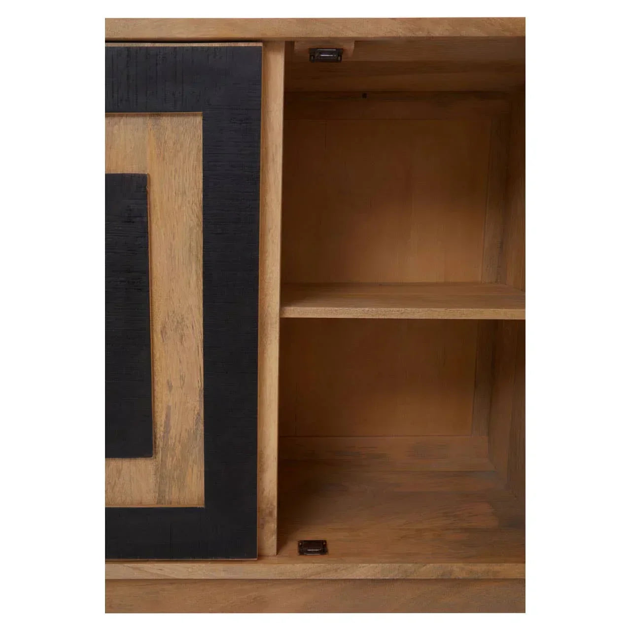 Wooden sideboard cabinet with open shelf and black geometric door detail