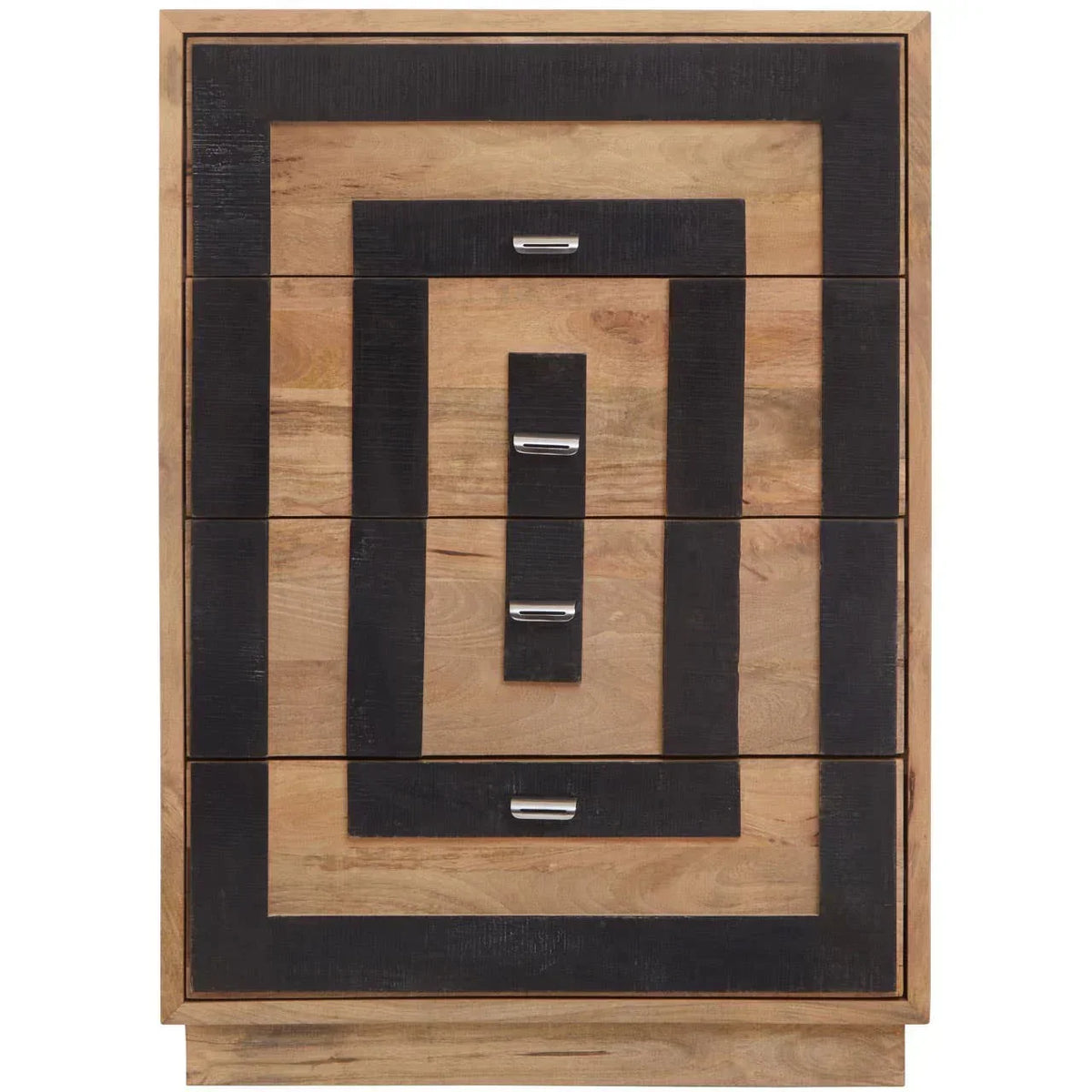 Wooden chest of drawers with black geometric pattern and silver handles, front view