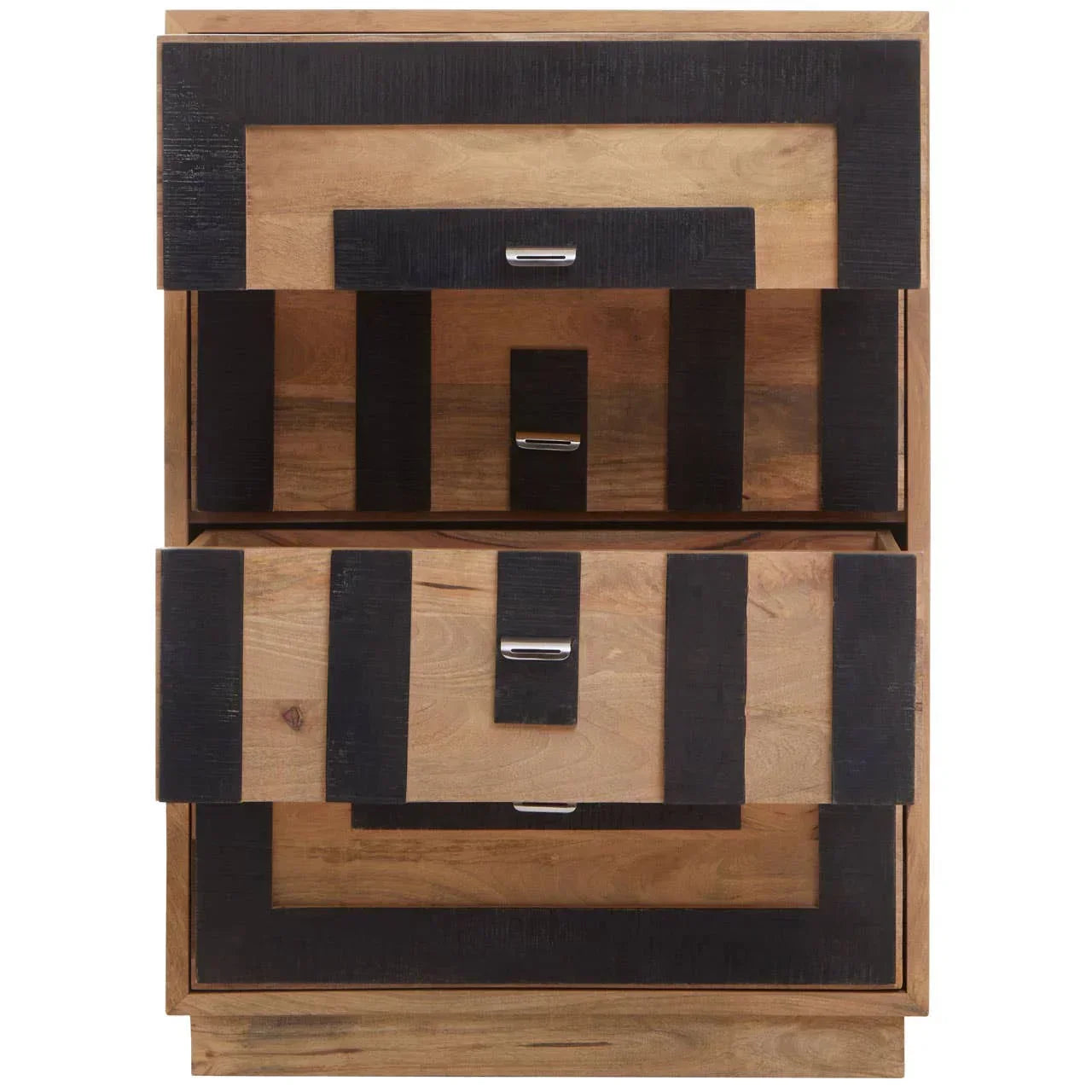 Modern wood chest of drawers with black geometric accents and metal handles, front view