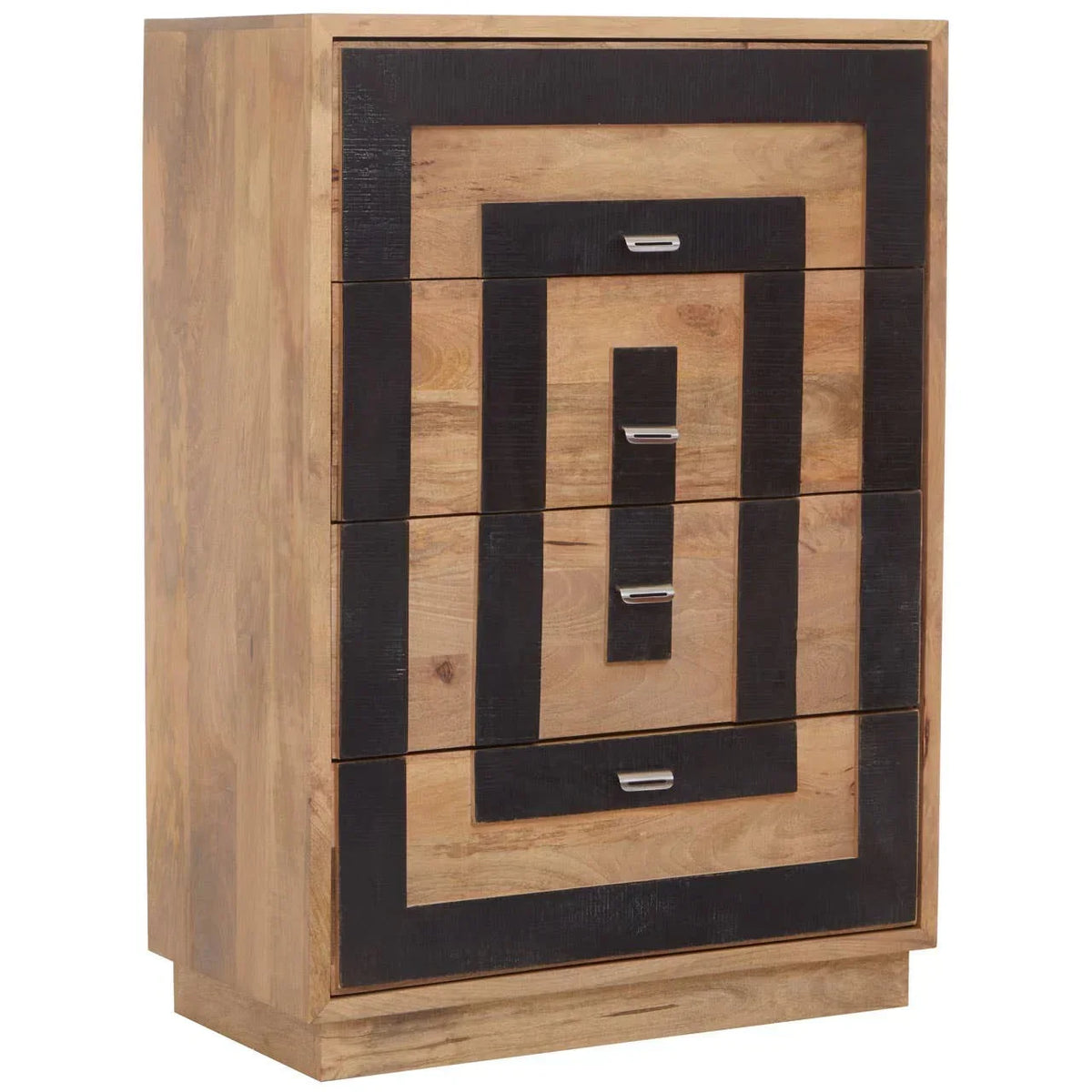 Geometric wooden chest of drawers with black accents and metal handles