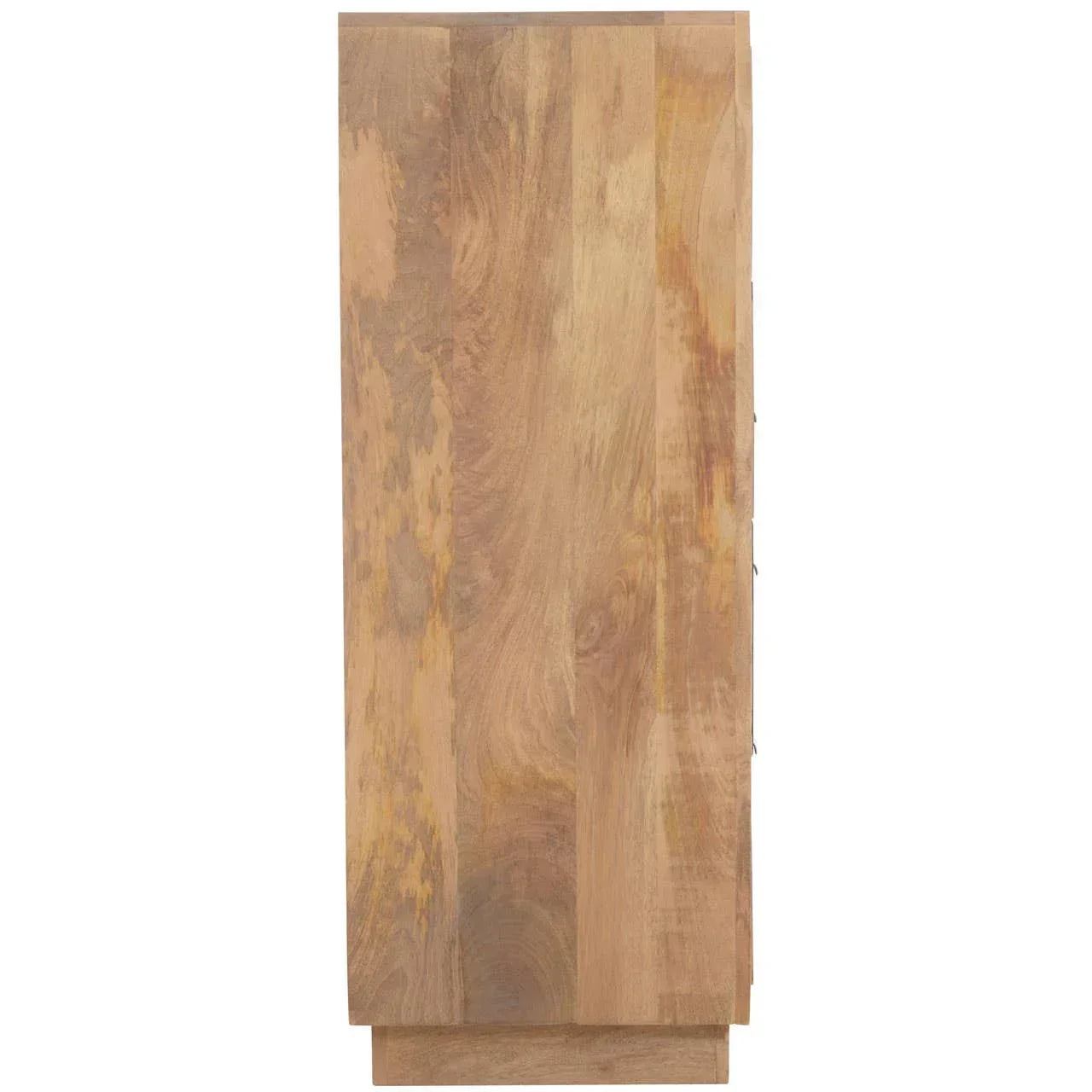 Light mango wood cabinet side view showing natural grain and smooth vertical panel