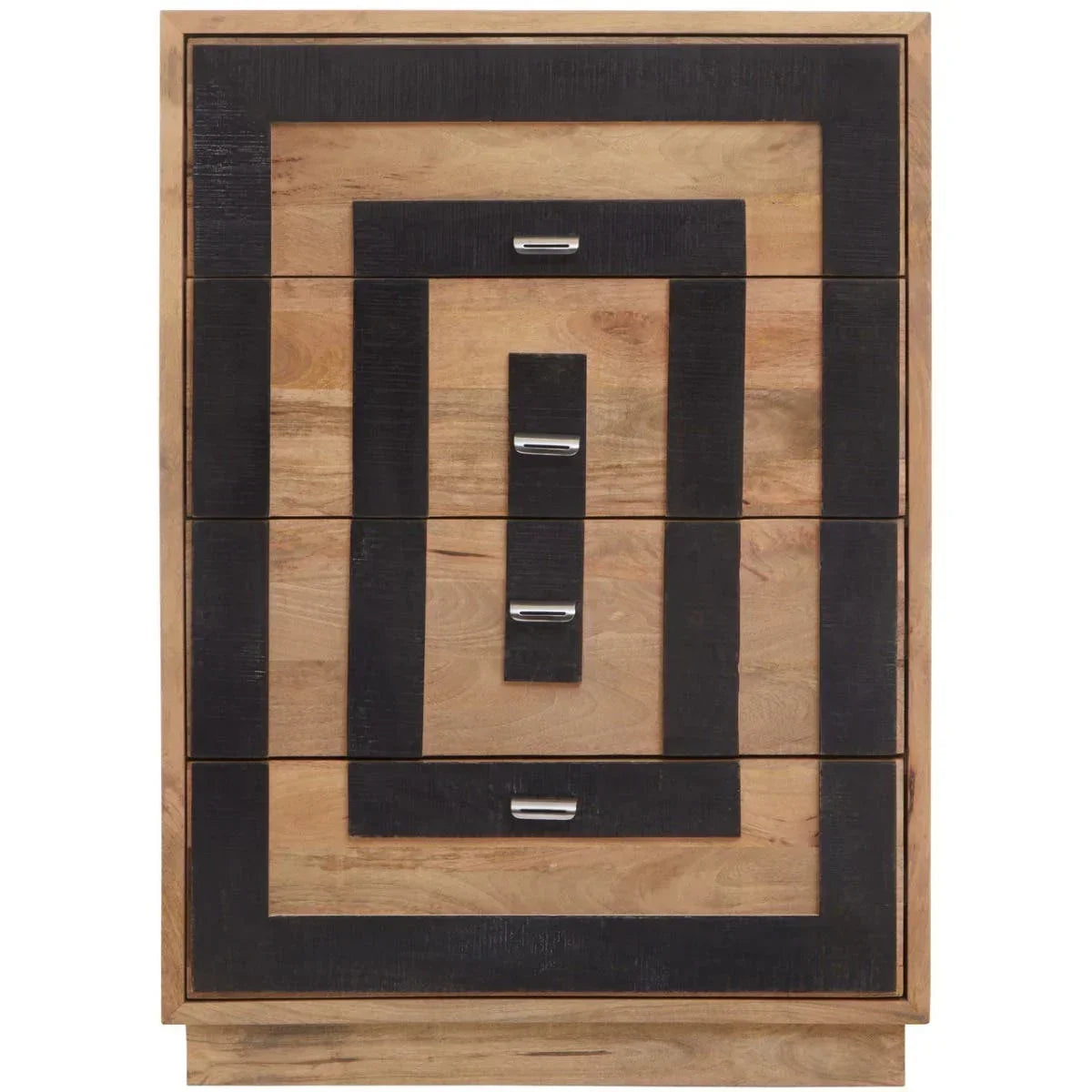 Modern wooden chest of drawers with black geometric detailing and metal handles