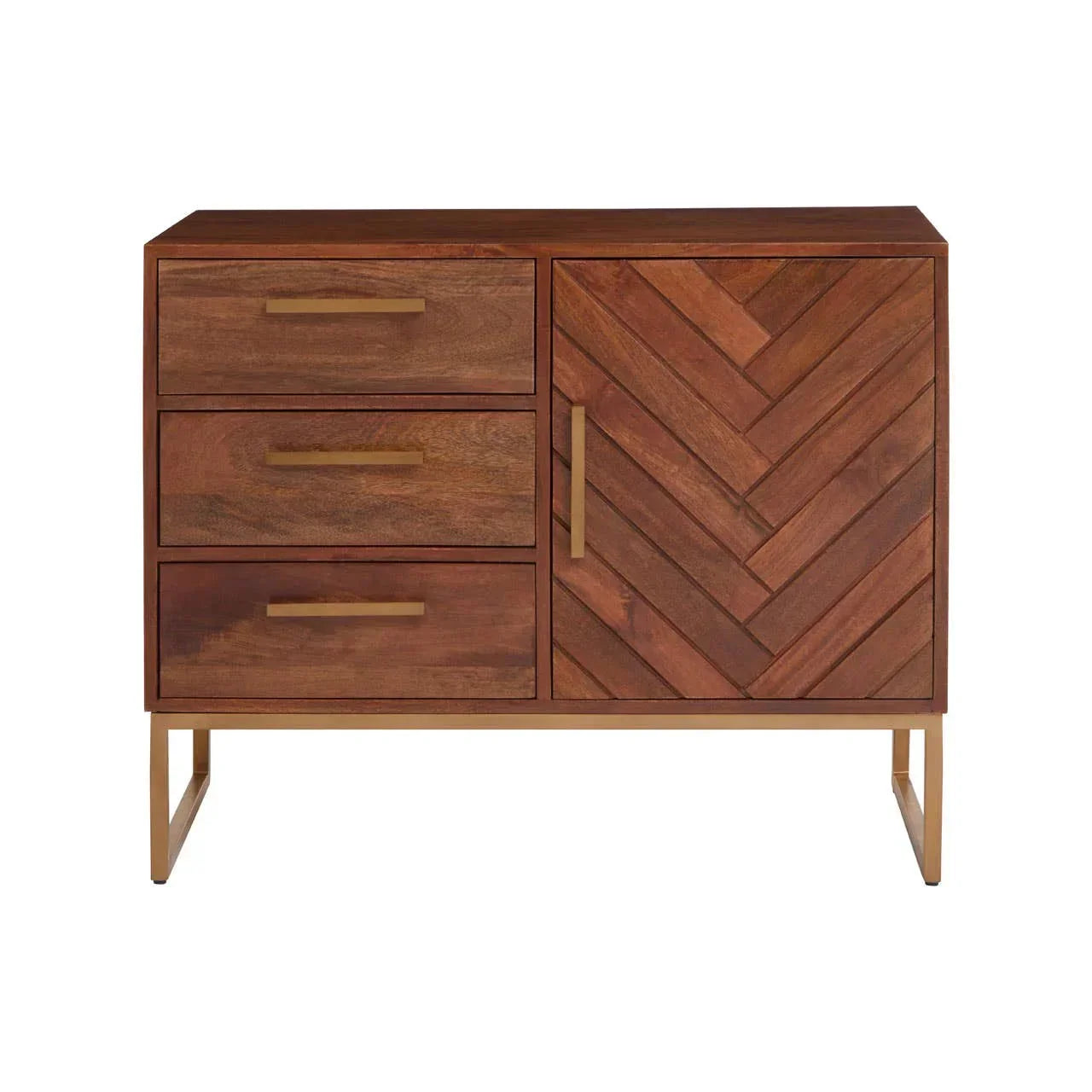 Wooden sideboard with three drawers, herringbone door design, and gold metal legs