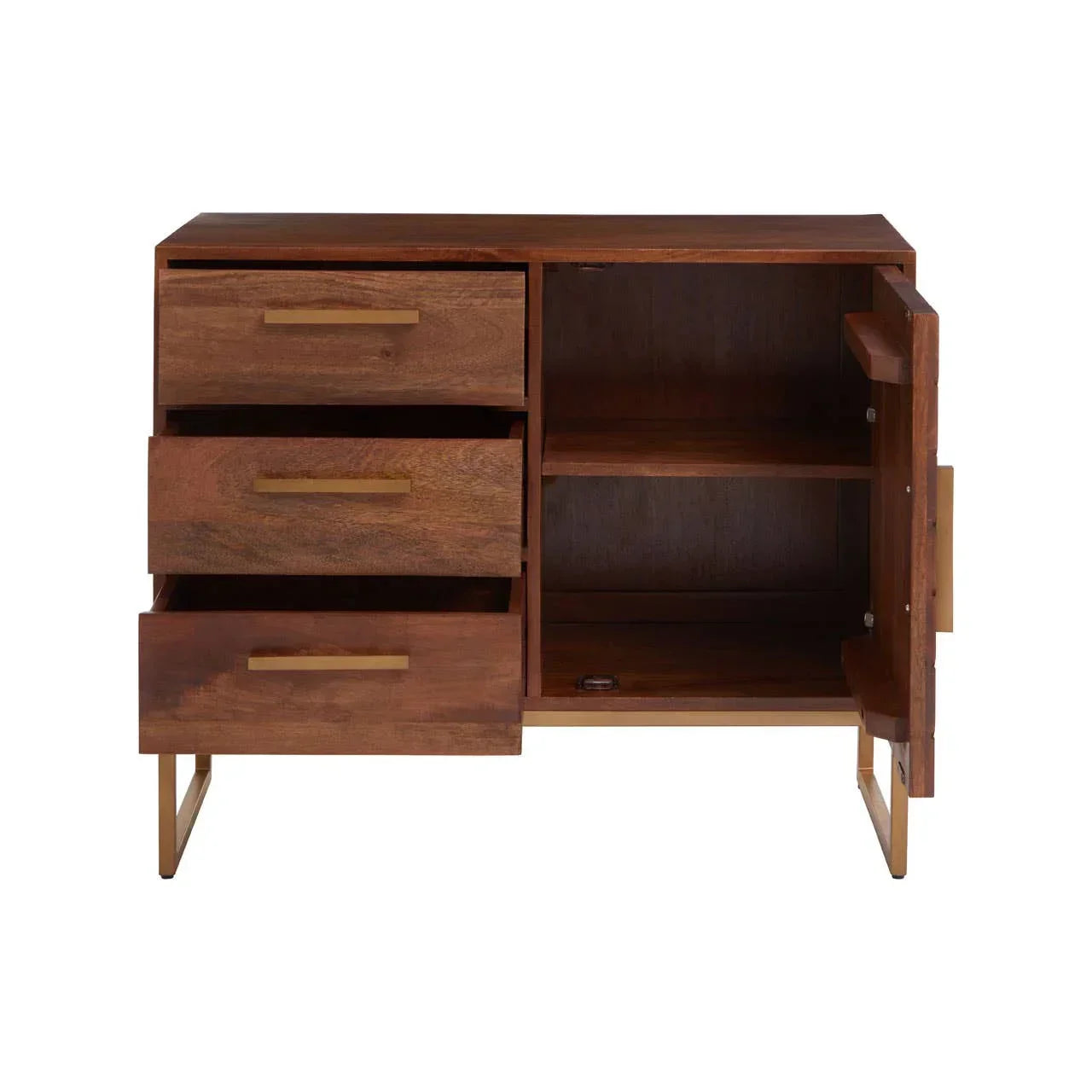 Wooden sideboard with three open drawers and one open cupboard on metal legs