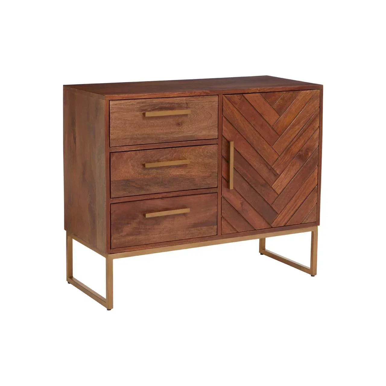 Wooden sideboard with three drawers, chevron pattern door and gold metal legs