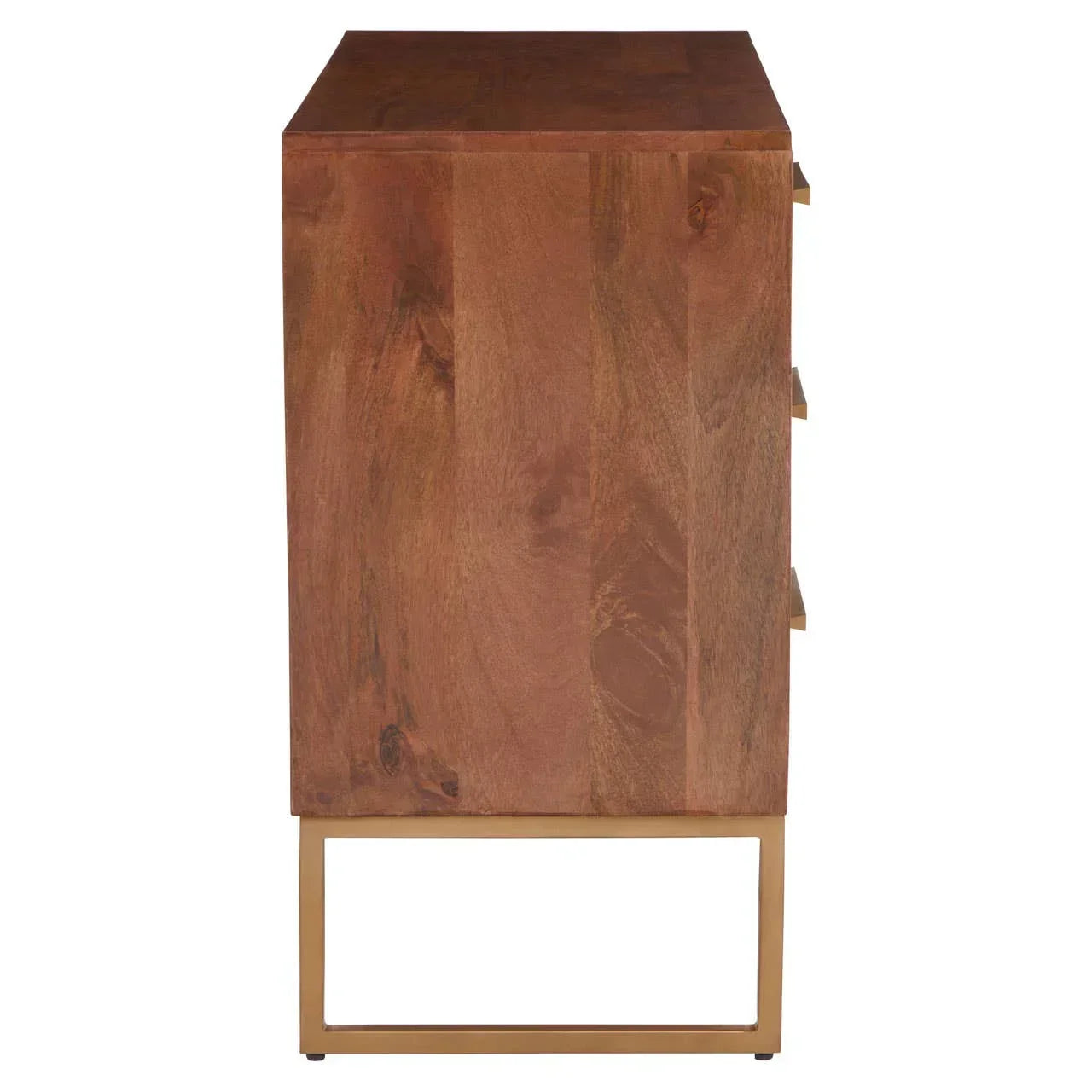 Side view of wooden chest of drawers with gold metal base