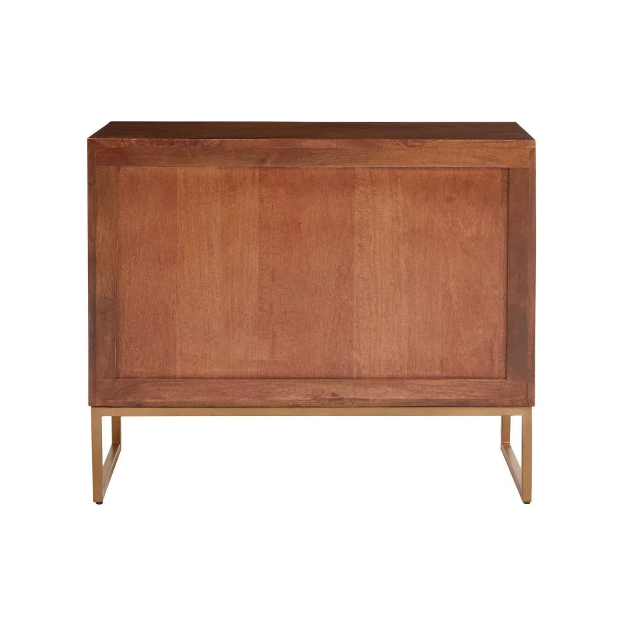 Rear view of wooden sideboard cabinet with gold metal legs against white background