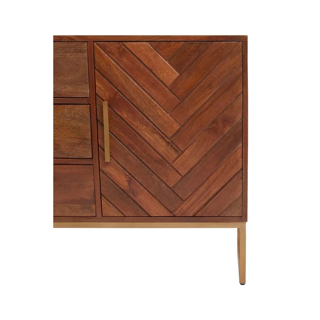 Corner view of wooden sideboard with chevron pattern door and brass handle
