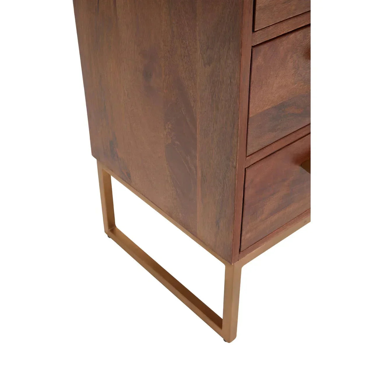 Walnut wood chest of drawers corner with gold metal legs and modern design detail
