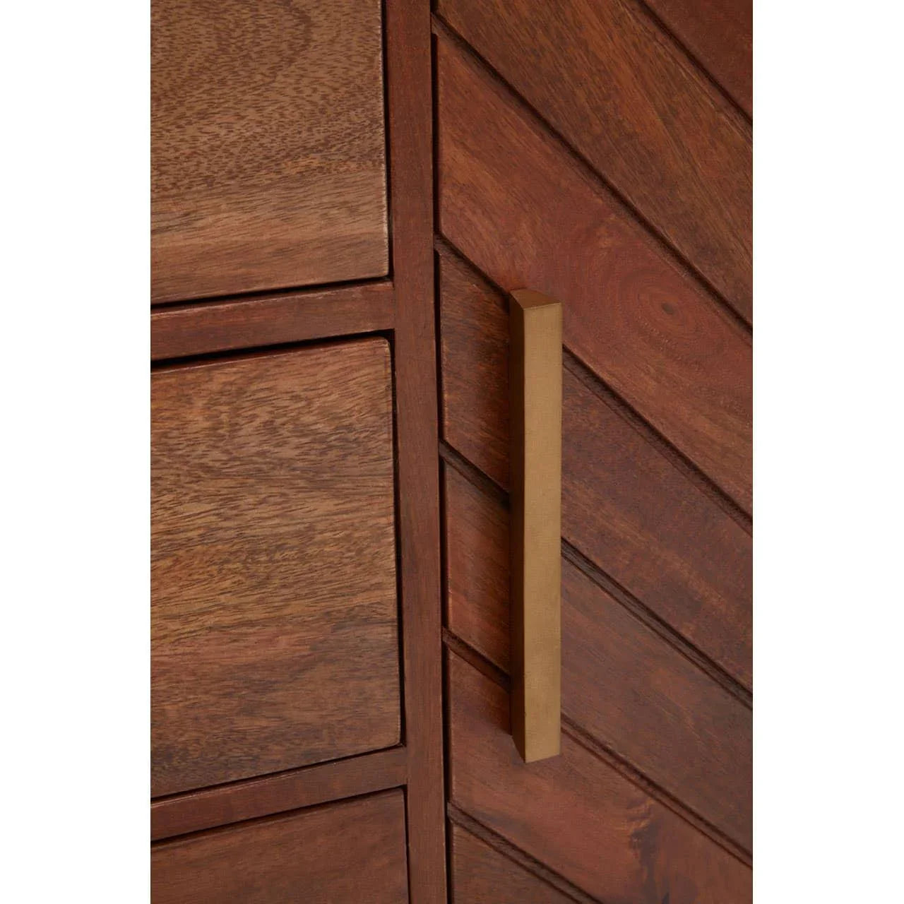 Chevron wood cabinet door with brass handle and rich grain detail