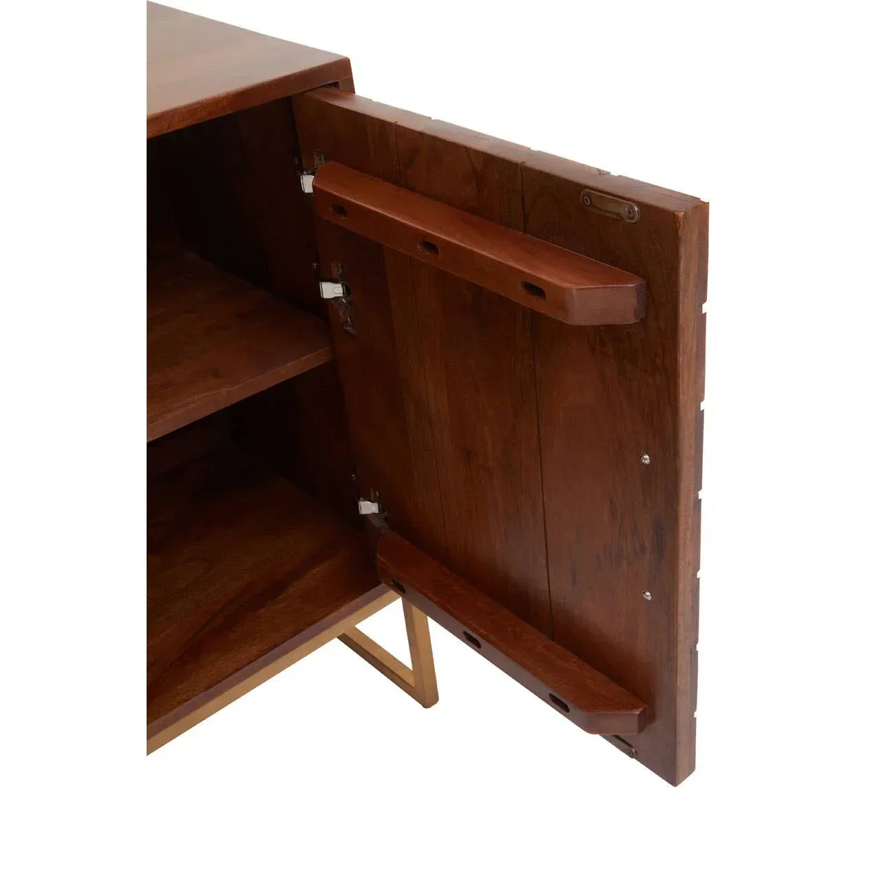 Open wooden cabinet with shelves and brass legs, showing interior storage and door detail