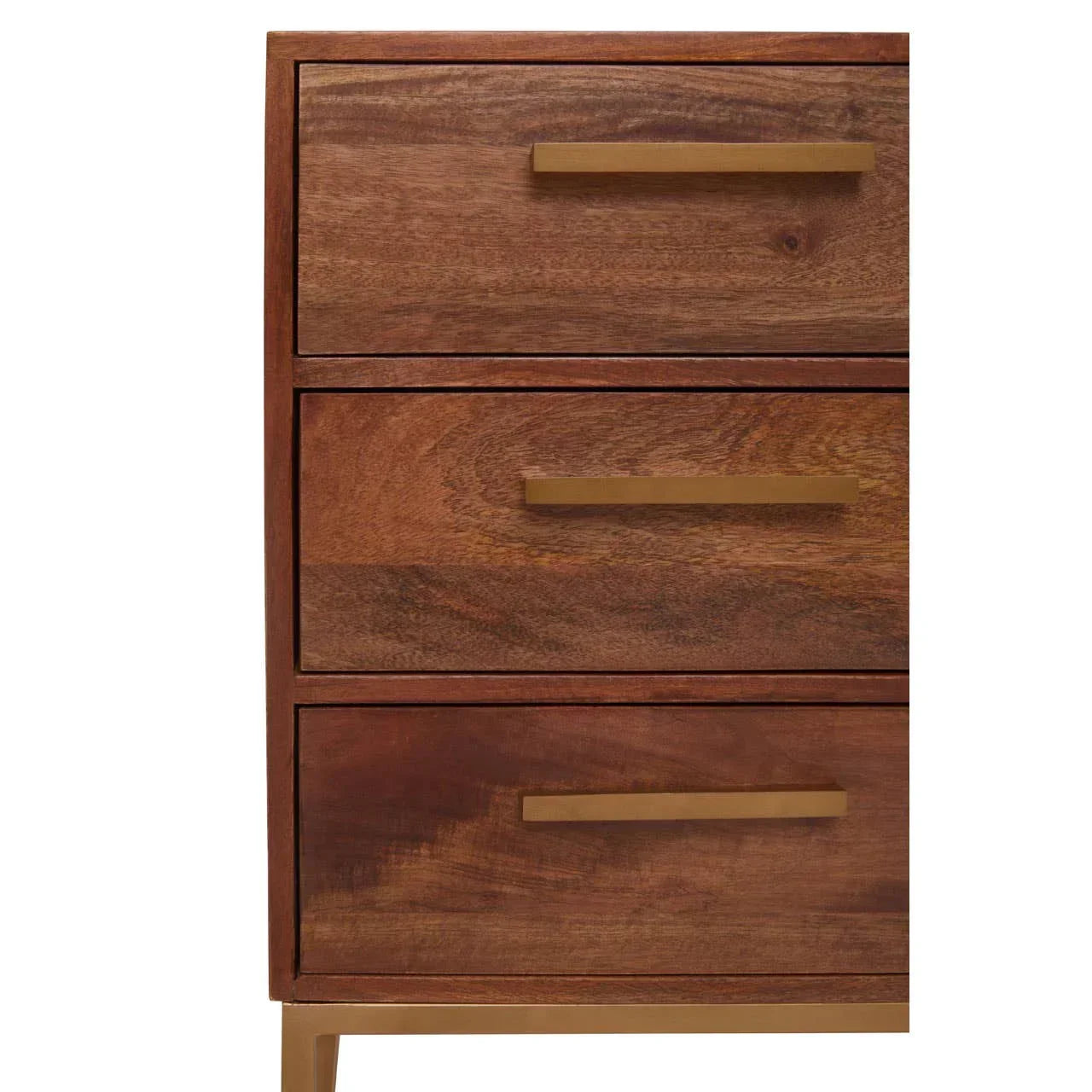 Walnut chest of drawers with three gold handles and visible wood grain