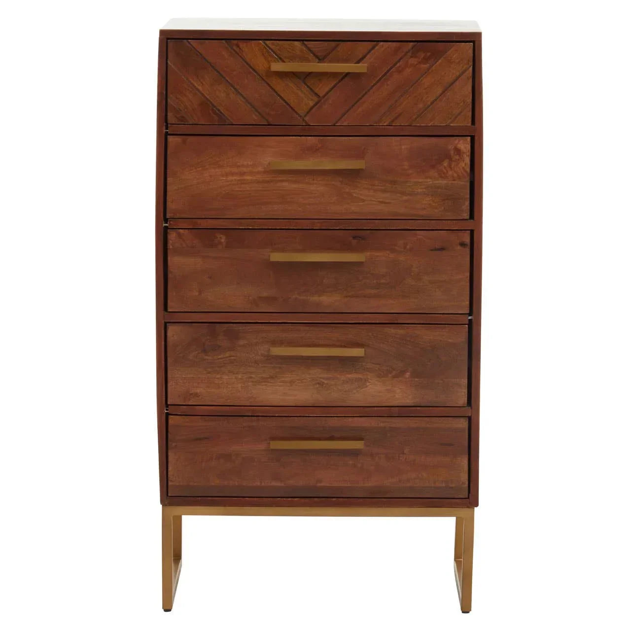 Tall wooden chest of drawers with brass handles and angled front legs