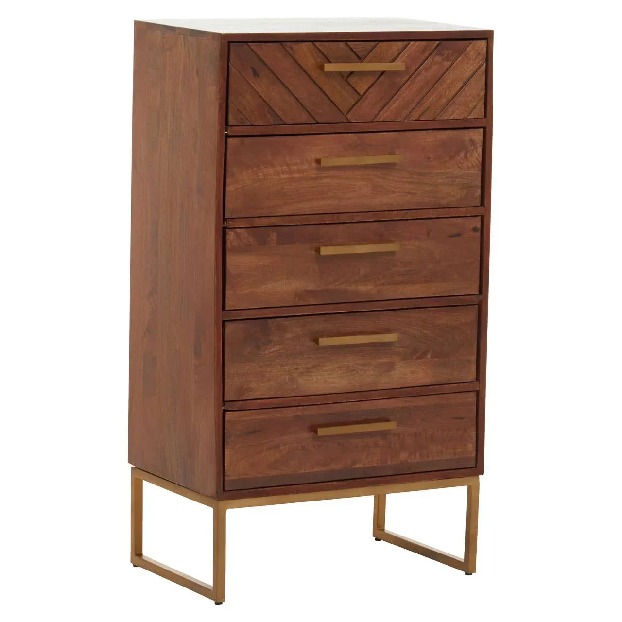 Tall wooden chest of drawers with brass handles and chevron pattern top drawer