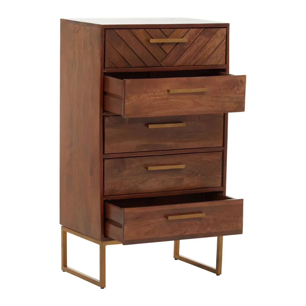 Tall wooden chest of drawers with chevron pattern and gold handles, some drawers open