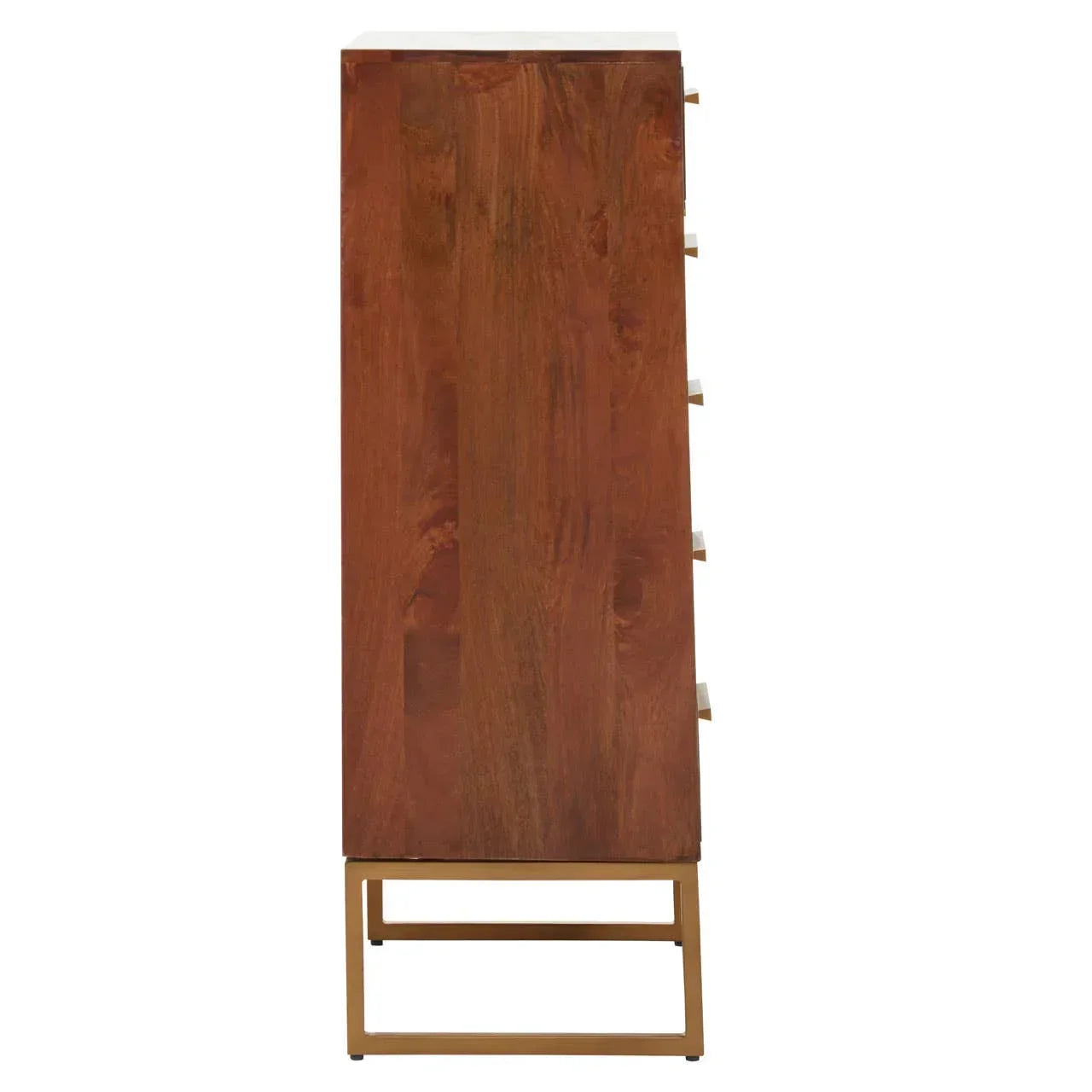 Side view of wooden chest of drawers with gold metal legs