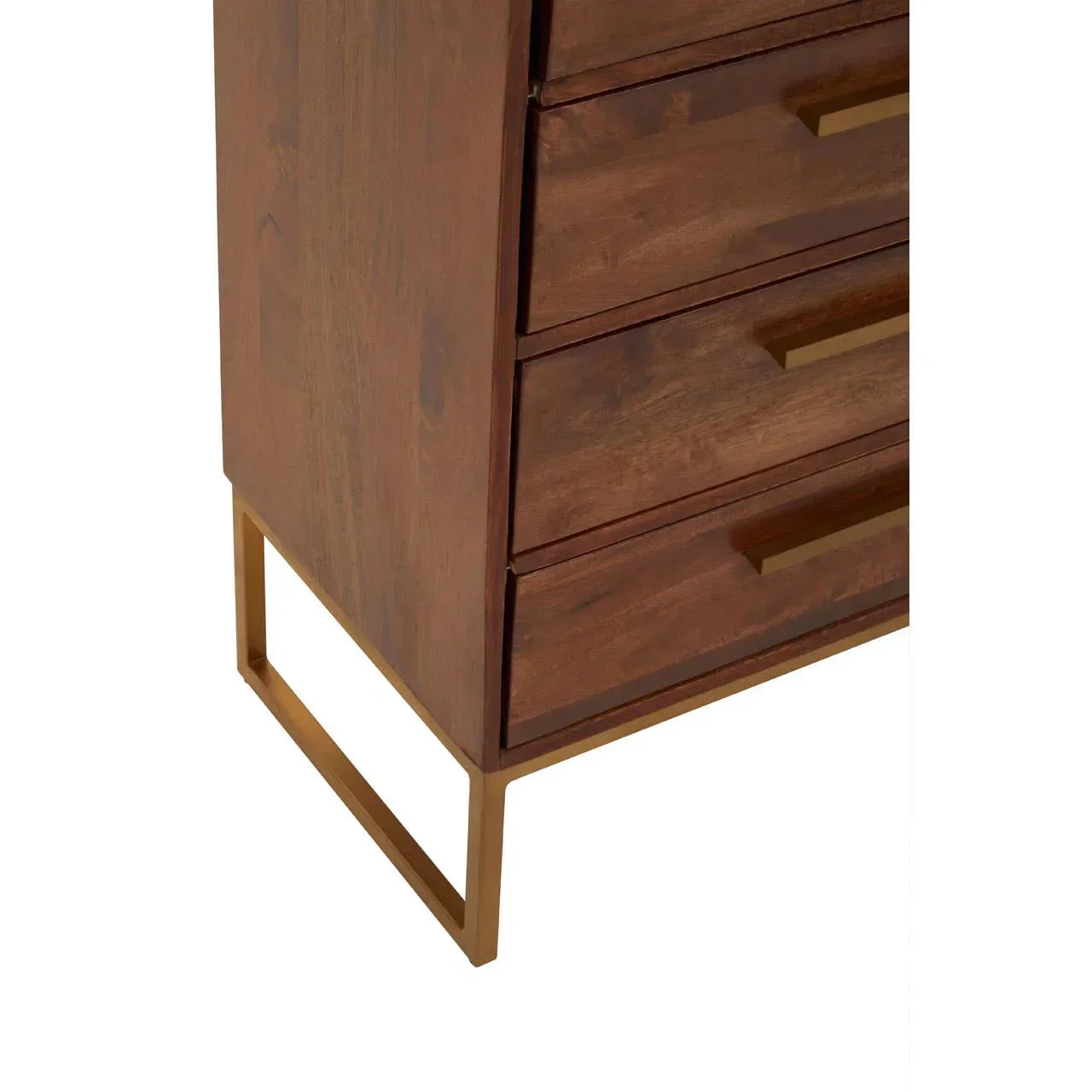 Walnut chest of drawers with gold metal legs and sleek handles, close-up of lower section