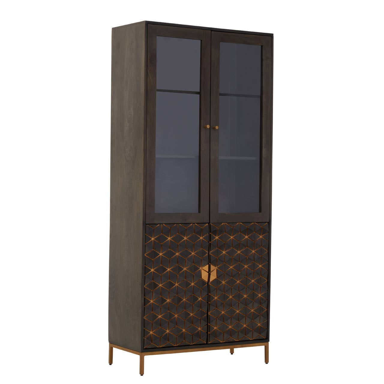Tall cabinet made of mango wood with a grey finish, featuring two glass doors at the top and a decorative lower section with a patterned design. The cabinet stands on slender legs and includes a central drawer with a round handle