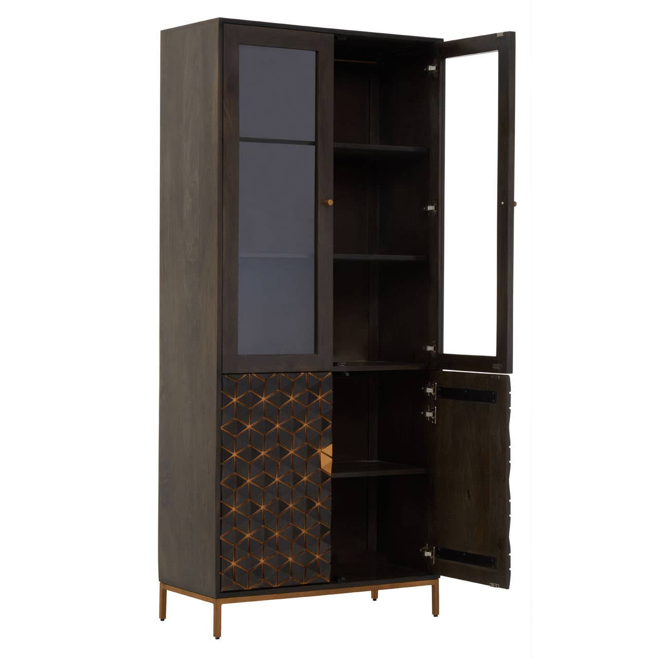 Tall cabinet made of mango wood with a grey finish, featuring two glass doors at the top and a decorative patterned door at the bottom. The cabinet has multiple shelves inside for storage and stands on slender legs. One door is open, showcasing the interior space