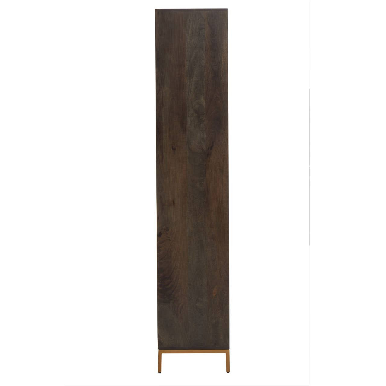 Tall cabinet made of mango wood with a grey finish, featuring a sleek, minimalist design and standing on slender legs. The cabinet has a smooth surface and a rich wood grain texture, emphasizing its natural beauty