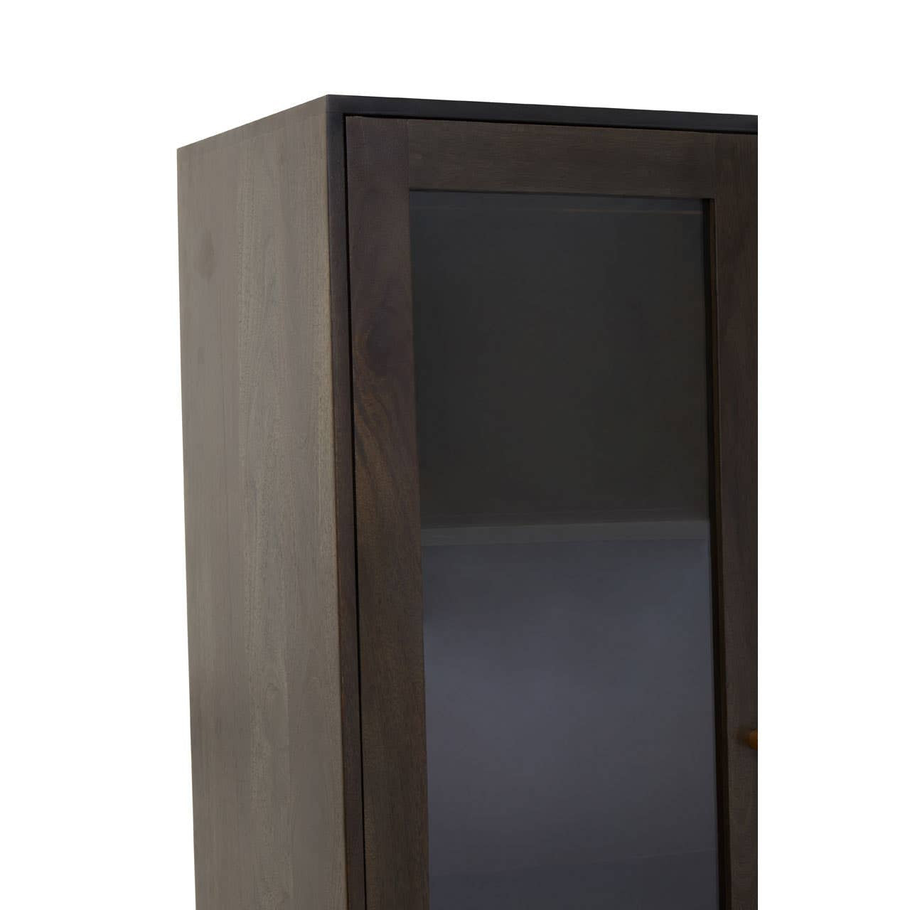 Tall cabinet made of mango wood with a grey finish, featuring a glass front door and a sleek, modern design. The cabinet has a minimalist aesthetic, showcasing clean lines and a sturdy structure