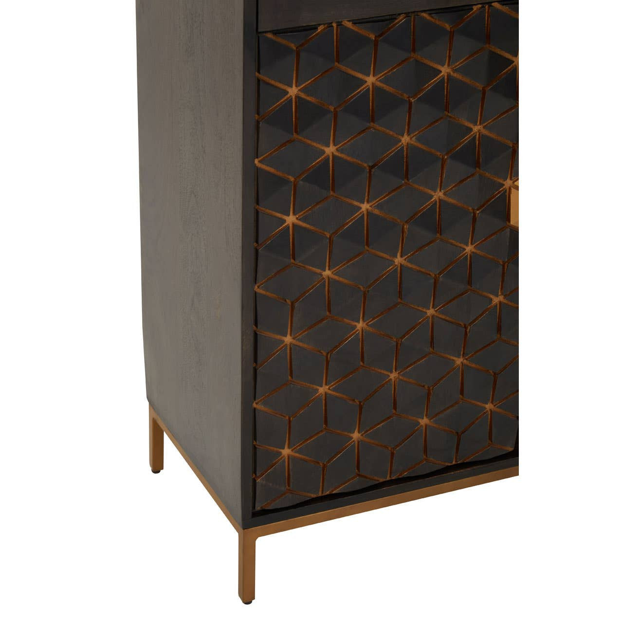 Tall cabinet made of mango wood with a grey finish, featuring a geometric pattern in a lighter color on the front. The cabinet has four legs and a single door with a sleek handle, providing a modern and stylish storage solution