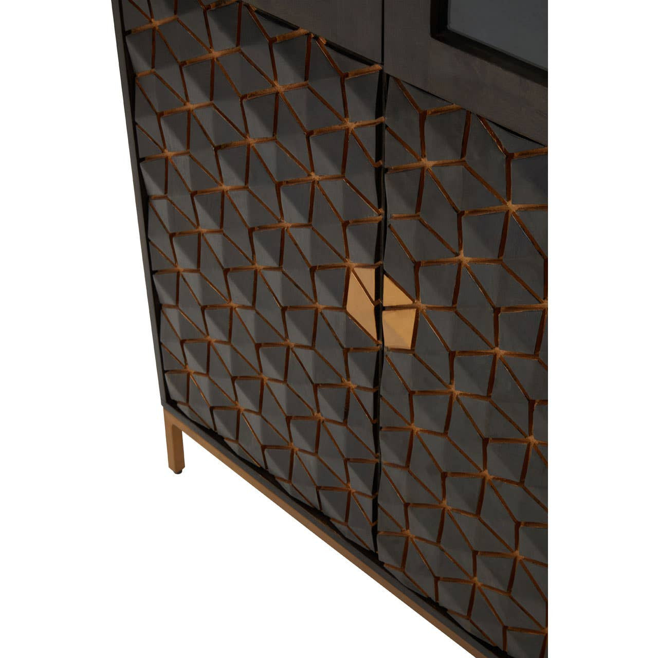Tall cabinet featuring a grey finish made from mango wood, with a textured surface design and decorative golden hardware. The cabinet has two doors and stands on slender wooden legs, showcasing a modern yet elegant aesthetic